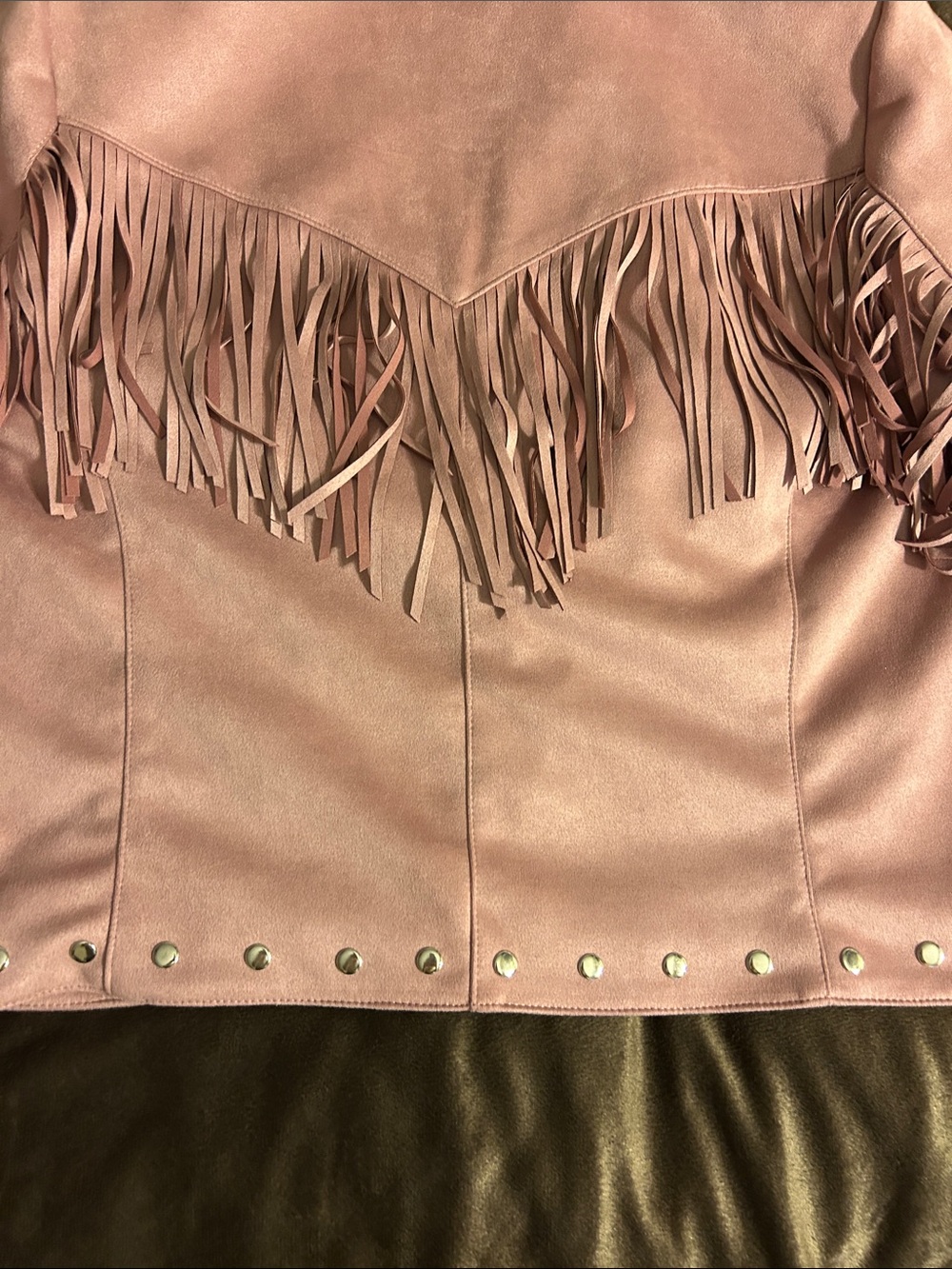 Adore Dusty Pink Faux Suede Fringe Moto Jacket with Studs - Picture 10 of 13